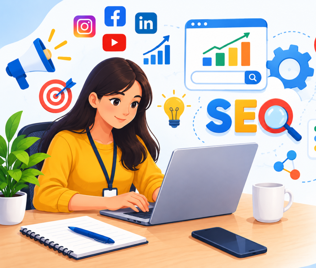 A woman working on a laptop in an office, surrounded by SEO, digital marketing, social media, analytics, and business growth icons.