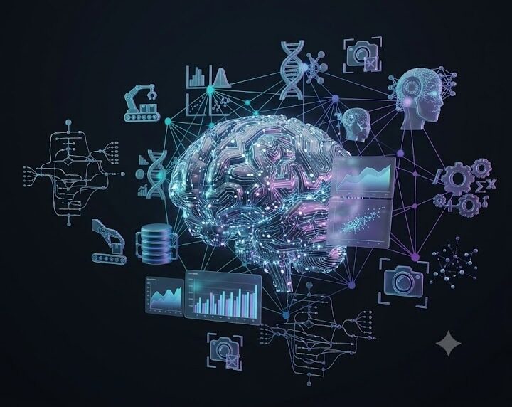 AI SEO and digital marketing illustration featuring a woman using a laptop, with SEO analytics, search engine optimization, social media, and website growth icons.