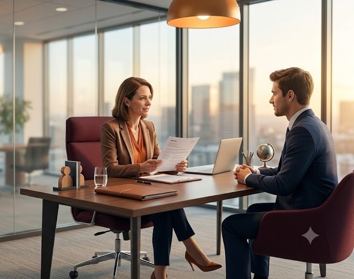 A woman conducting a job interview with a male candidate in a modern office.
